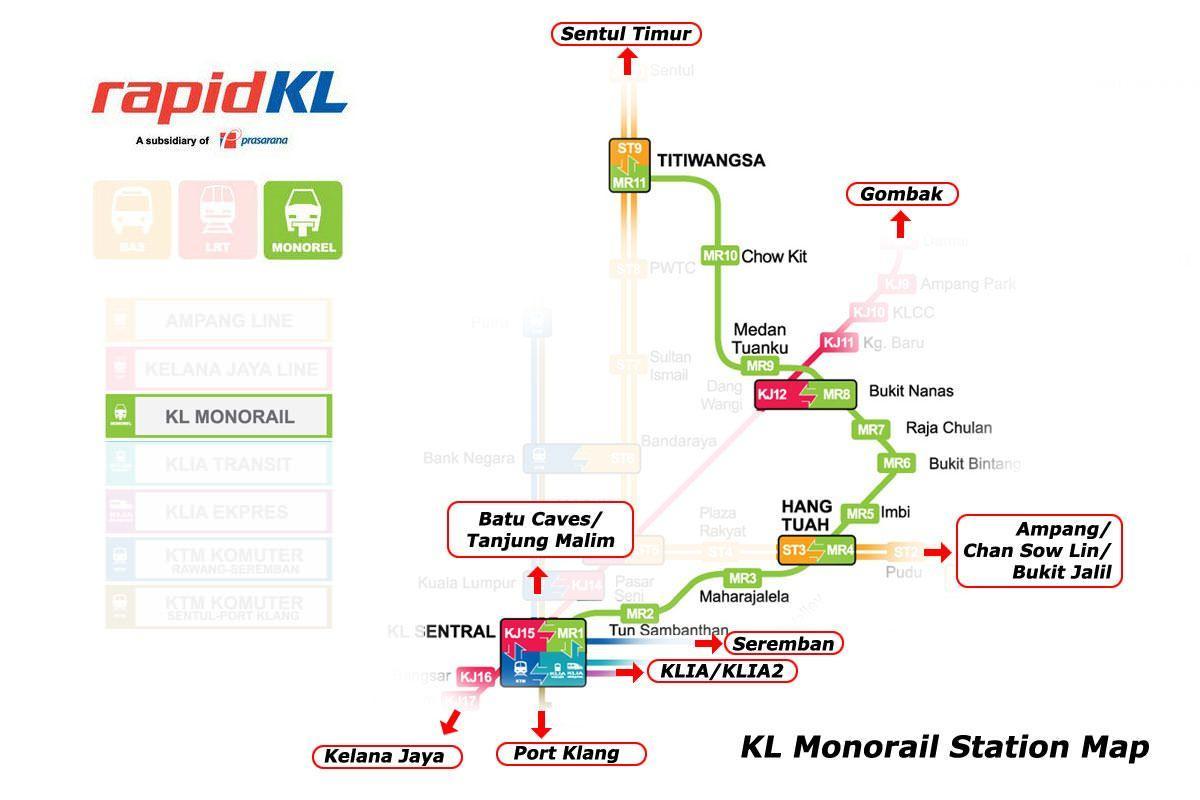 kl sentral monorail-station, op kaart